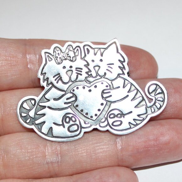 Vintage Sterling Silver Cat in Love Brooch Mexico - Picture 5 of 5